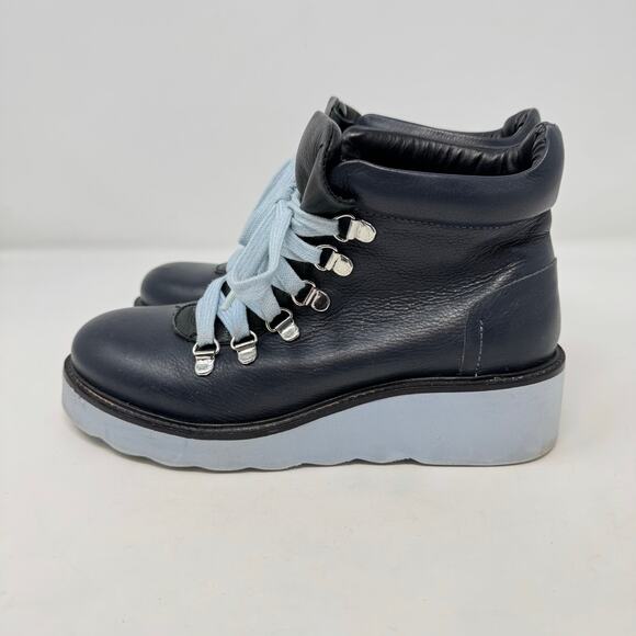 Urban Outfitters Platform Boots 6 Blue Leather Utility Combat Casual Wedge - Picture 5 of 11